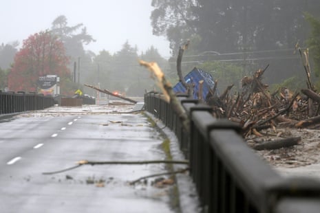 Redcliffe Bridge is closed off as debris piles up along the Tūtaekurī River in the suburb of Taradale in Napier on Tuesday.