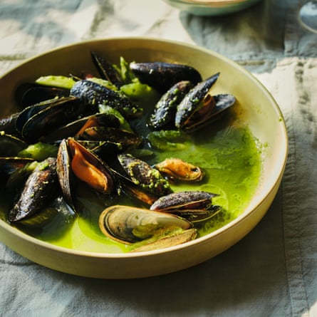 Mussels with herb pesto.