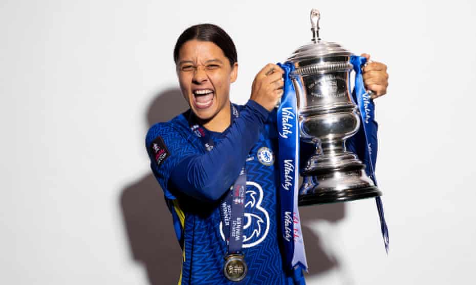 Sam Kerr with the trophy after Chelsea beat Arsenal last December to win the 2021 Women’s FA Cup.