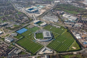 An aerial shot of the Etihad Campus development, taken in March 2020.