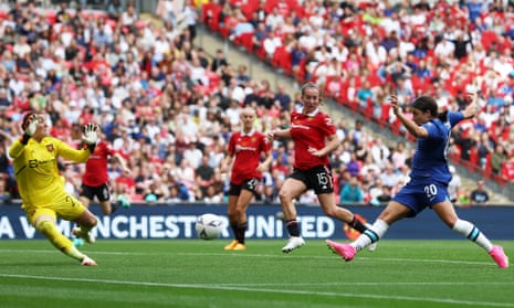 Sam Kerr of Chelsea scores the team's first goal as Mary Earps of Manchester United fails to make a save during the Vitality Women's FA Cup Final between Chelsea nd Manchester United at Wembley Stadium.