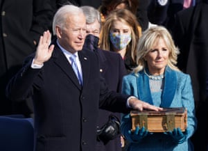 Joe Biden, the new president of the United States, with his wife Dr Jill Biden at his swearing-in. At 78, Biden is the oldest president ever to take the oath of office.