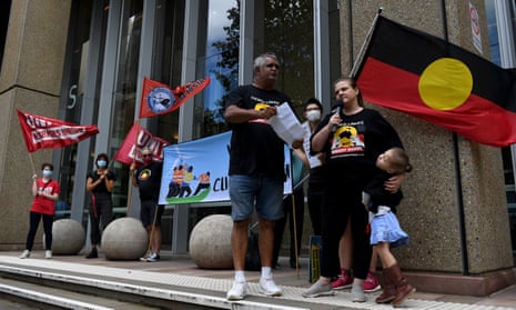 Gamilaraay woman Linda Whitten speaks during a rally outside the federal court of Australia in Sydney, during a protest against Santos’ Narrabri coal seam gas project