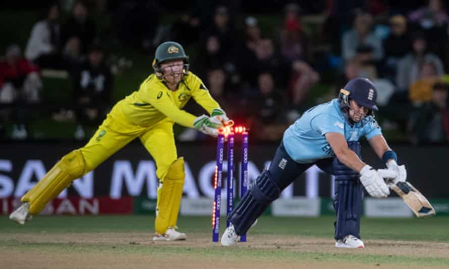 England’s Katherine Brunt stumped by Australia wicket keeper Alyssa Healy off the bowling of Alana King.
