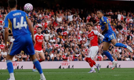 Arsenal's Max Dowman shoots at goal.