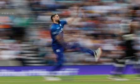 England’s Chris Woakes bowls during the 3rd Metro Bank ODI between England and New Zealand at The Kia Oval.
