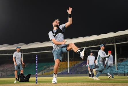 Chris Woakes bowls in the nets in Karachi.
