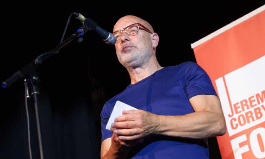 Long-time musician, composer and producer Brian Eno addresses the Corbyn leadership rally.