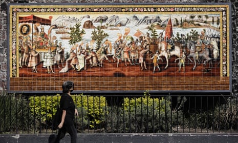 A mural commemorating the meeting of Spanish conquistador Hernán Cortés and the Aztec Emperor Moctezuma in Mexico City.