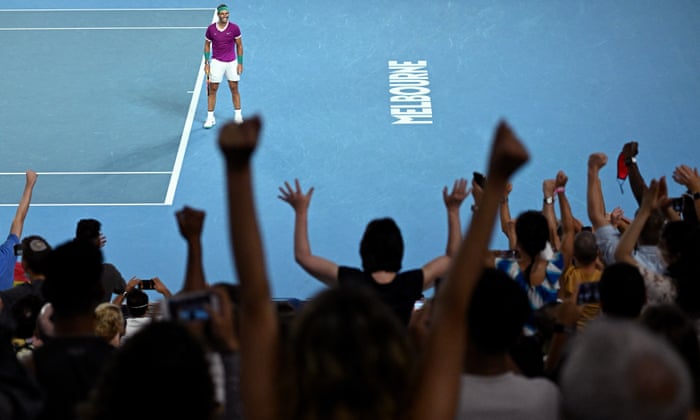 The crowd cheers Rafael Nadal as he celebrates defeating Matteo Berrettini.