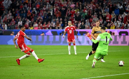 Michael Olise scores for Bayern Munich.