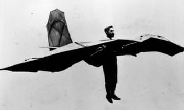 The German aviator Otto Lilienthal (1849 - 1896) demonstrating the first glider he invented.