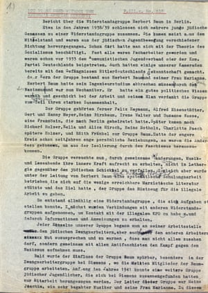 A report by Richard and Charlotte Holzer, surviving members of the Baum Group, from 1957. The Baum Group were a Jewish communist resistance network who carried out arson attacks on Nazi sites.