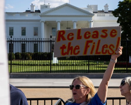 Protesters demanding Donald Trump release unredacted Epstein files in September.