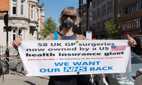 Doctors protest against GP practices being taken over by US health insurance company Centene Corporation, London, 22 April 2021.