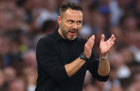 Roberto De Zerbi encourages his team from the touchline during their 5-1 midweek thrashing of Charlton Athletic.