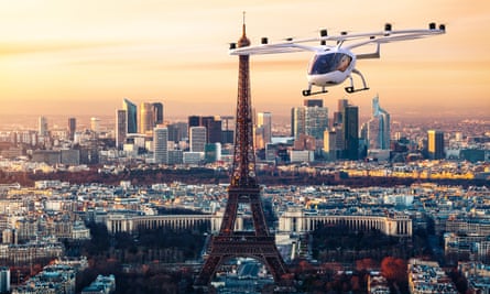 Artist’s impression of a VoloCity aircraft flying near the Eiffel Tower in Paris
