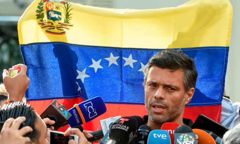 Leopoldo López speaks outside the Spanish embassy in Caracas last May