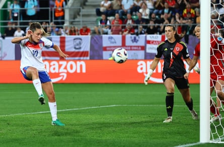Ella Toone follows up to score England’s second goal against Wales after her first shot was repelled.