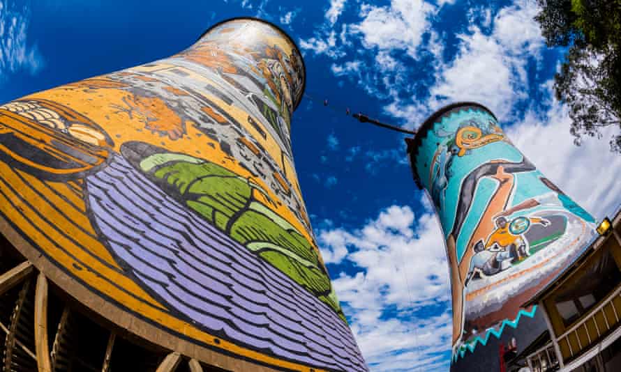 Painted cooling towers on the decommissioned Orlando Power Station, now a 300 meter bungee jump in South Africa
