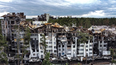 An aerial view of destroyed houses in Irpin, Kyiv Oblast, 23 June 2022.