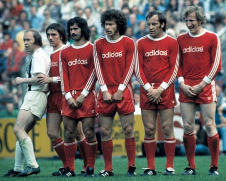 Bayern Munich players line up for a defensive wall during a Bundesliga match against Borussia Mönchengladbach in 1973-74.