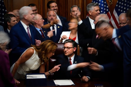 Republican members of Congress shake hands with Mike Johnson at the Capitol