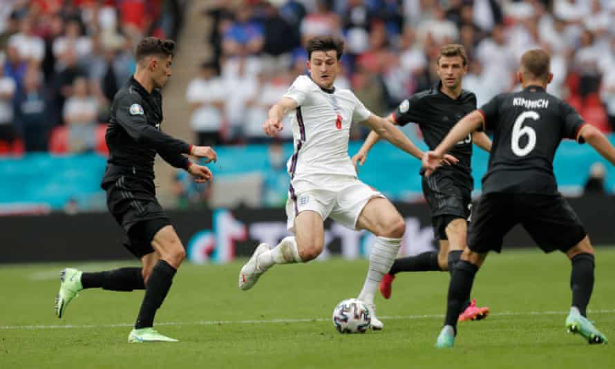 Harry Maguire at the centre of the action during England’s win over Germany.