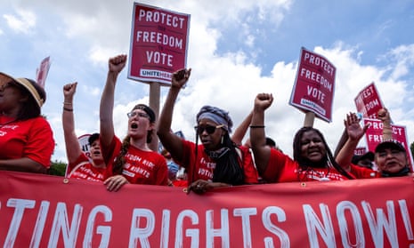 Hundreds of members of Unite Here rally for voting rights in Washington DC in June 2021. 