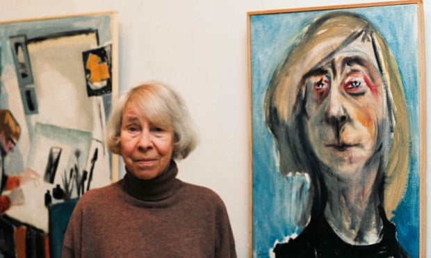 Tove Jansson in 2001, next to a self-portrait.