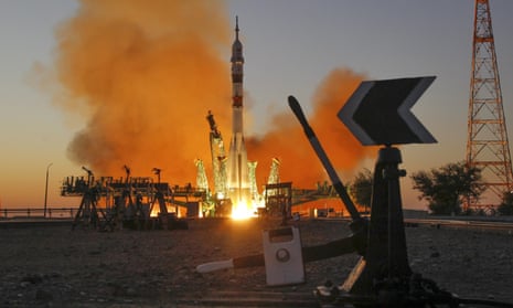 The Soyuz-2.1a rocket booster with the Soyuz MS-22 space ship blasts off at the Baikonur cosmodrome, Kazakhstan.