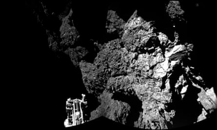Rosetta’s lander Philae on the surface of Comet 67P/Churyumov-Gerasimenko. One of the lander’s three feet can be seen in the foreground.