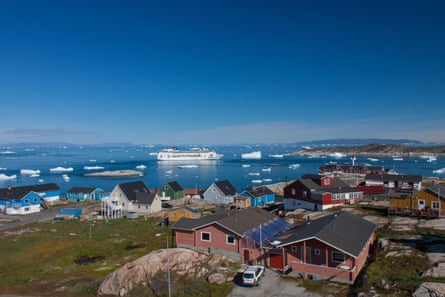 Cruise ship Grand Mistral between icebergs in Ilulissat.