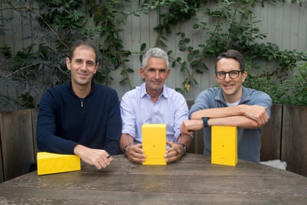 Zoe co-founders (l-r) George Hadjigeorgiou, Tim Spector and Jonathan Wolf with the company’s test kits.