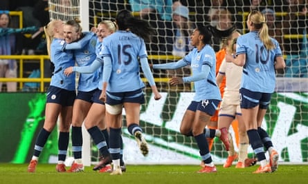 Vivianne Miedema (second left) celebrates after scoring her and Manchester City’s second goal against Chelsea.