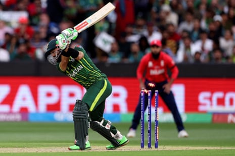 Pakistan's Mohammad Rizwan is bowled by England's Sam Curran.
