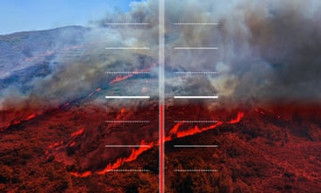 Image of a wildfire with a temperature gauge graphic superimposed on it