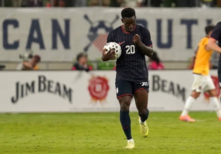 USA forward Folarin Balogun (C) reacts to a goal during the second half of the International Friendly soccer match between USMNT and Ecuador at Q2 Stadium in Austin, Texas, USA