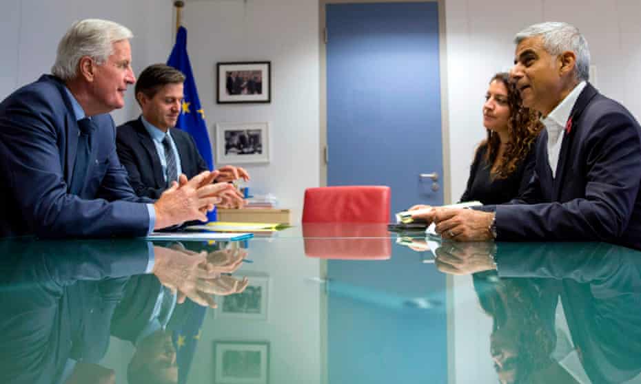 Michel Barnier, left, in talks with Sadiq Khan, right, in Brussels