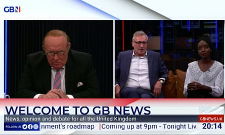 GB News chairman Andrew Neil (left) and presenters on the day the channel launched.