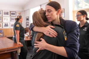 Ardern meets first responders at Whakatane fire station after a deadly volcanic eruption at Whakaari / White Island in December 2019