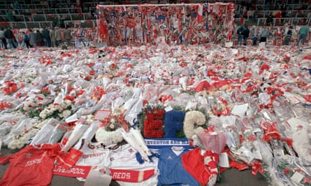 Tributes are placed at Anfield, two days after Hillsborough.