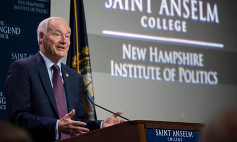 Asa Hutchinson addresses an audience during the Politics &amp; Eggs forum at Saint Anselm College, in Manchester, New Hampshire.