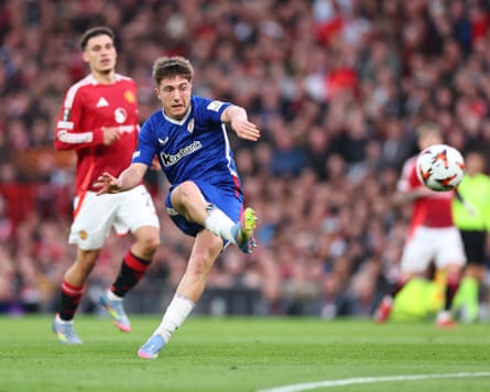 Mikel Jauregizar curls in a deft shot from 22 yards to give Athletic Bilbao hope after half an hour.