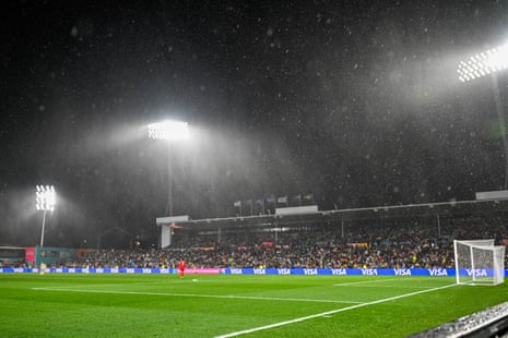Rain pours down during the Women's World Cup Group G soccer match between Argentina and Sweden