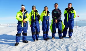 Helen Czerski, second from left, with her scientist colleagues from the Oden, pictured on their first day on the ice.