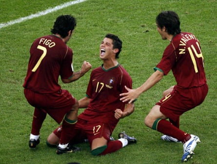 Cristiano Ronaldo roars with delight as Luís Figo and Nuno Valente show their appreciation after the forward becomes Portugal’s youngest scorer at a World Cup in 2006.