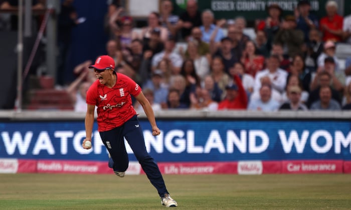 England v South Africa: first women’s T20 international – live! | Women's cricket 5 Issy Wong of England celebrates after catching out Mignon du Preez of South Africa off of the bowling of Natalie Sciver.