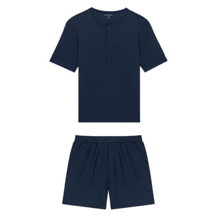 A T-shirt style pyjama top and a pair of short pyjama shorts. Both in navy on a white background.