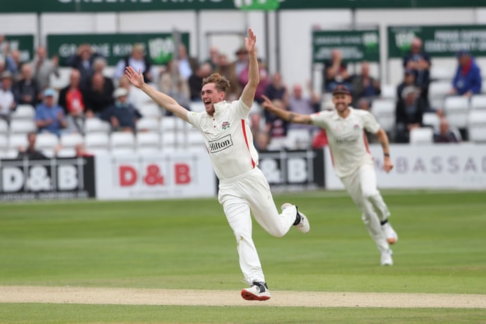 Joy for George Balderson after taking his hat-trick wicket.